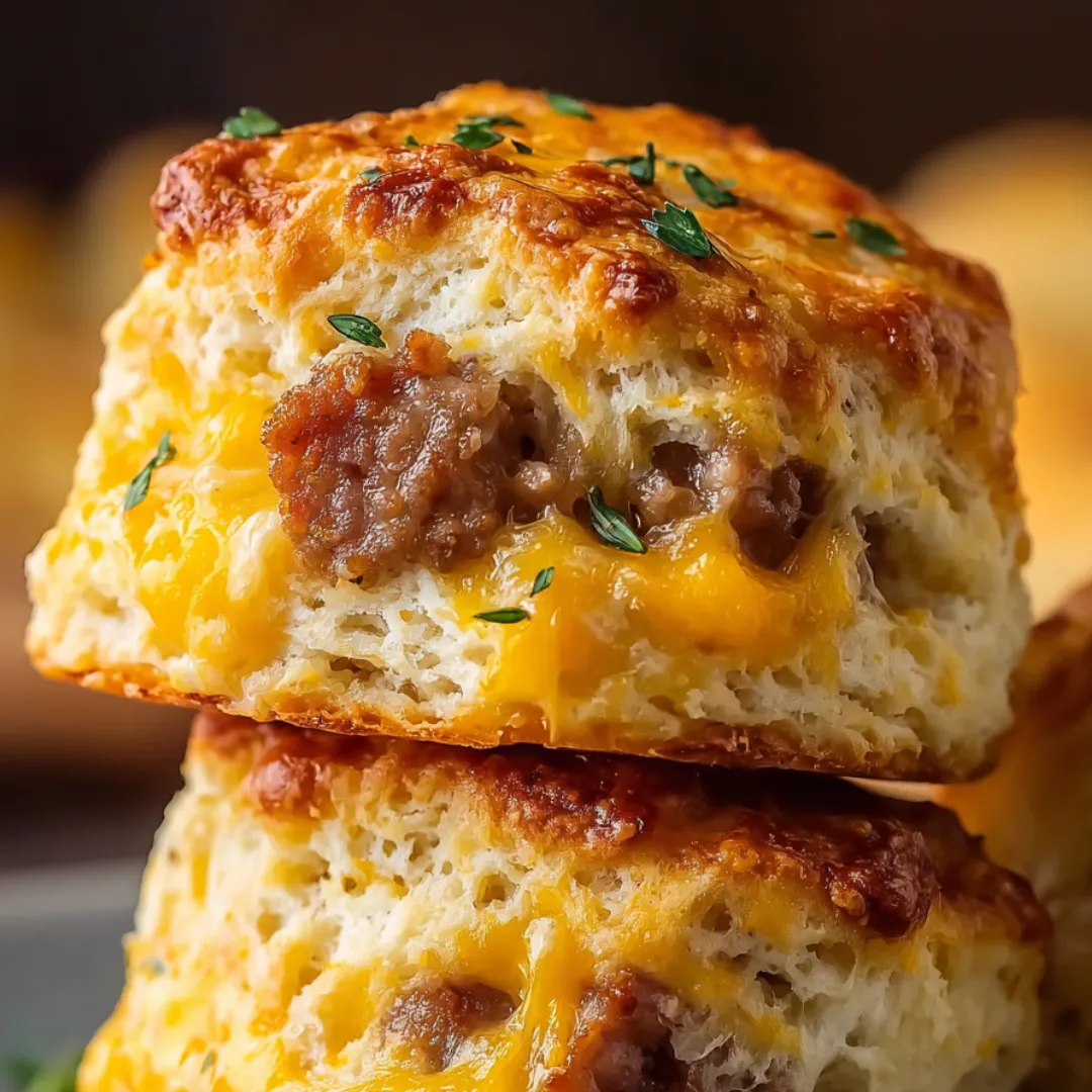 Two biscuits with sausage and cheese on top.