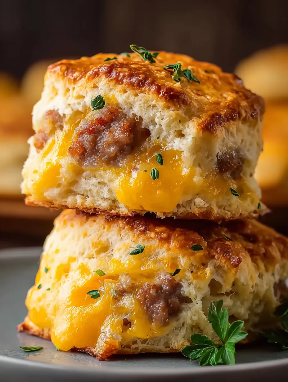 Two biscuits with meat and cheese on top.