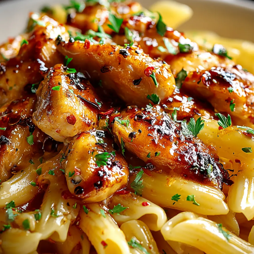 A plate of food with chicken and pasta.