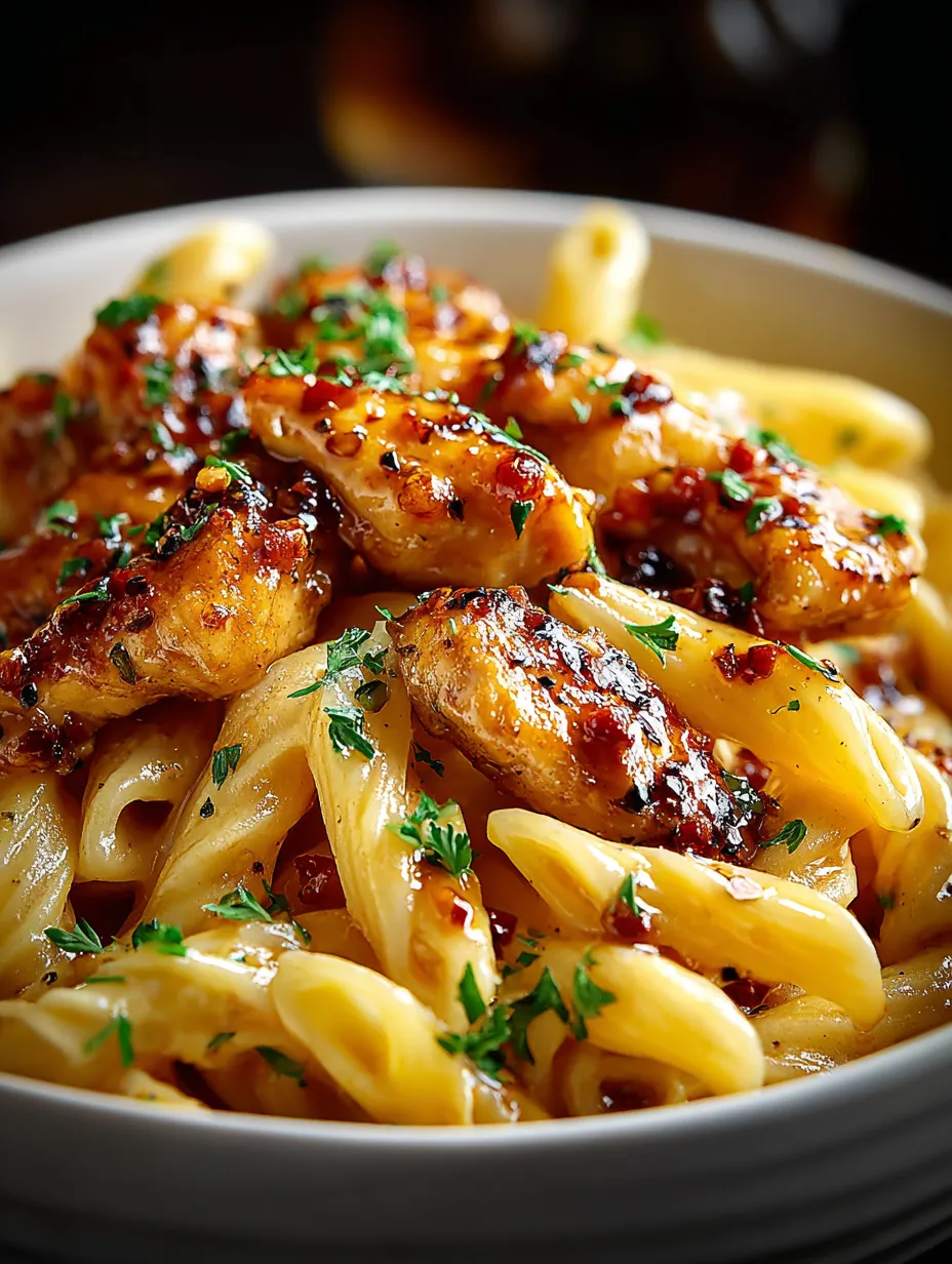 A bowl of pasta with chicken and herbs.