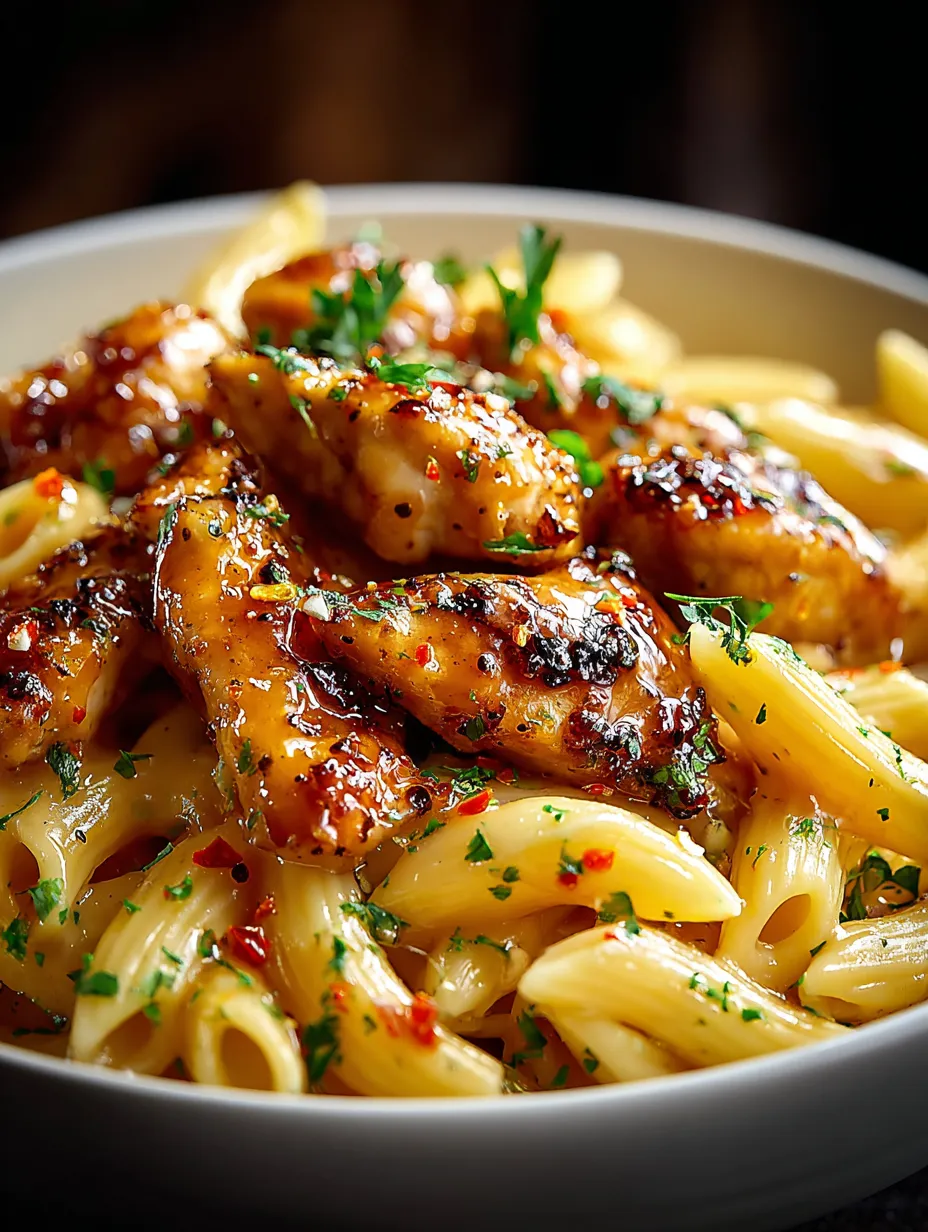 A bowl of pasta with chicken and peppers.