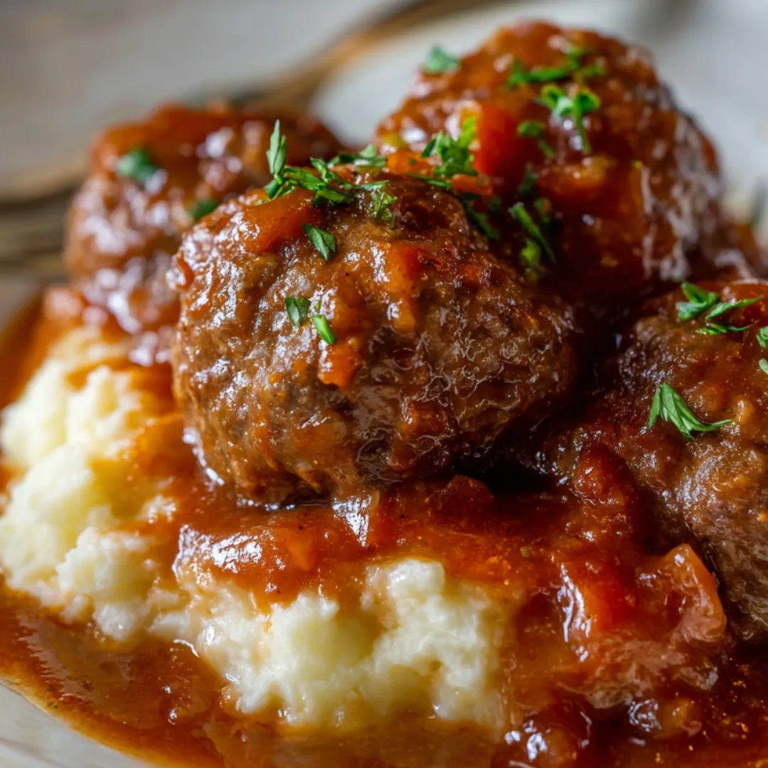 A plate of meatballs and potatoes.