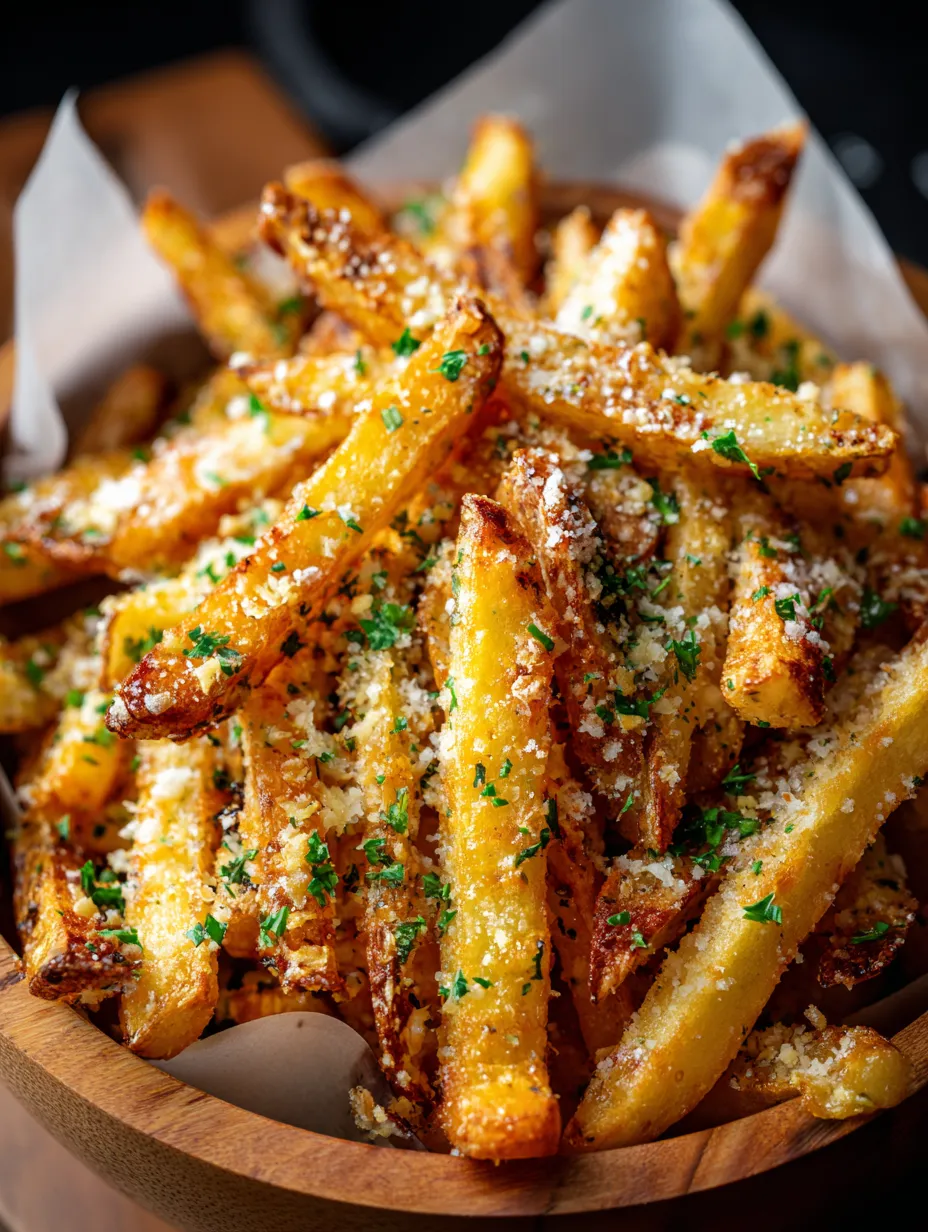 A bowl of french fries with cheese and herbs.