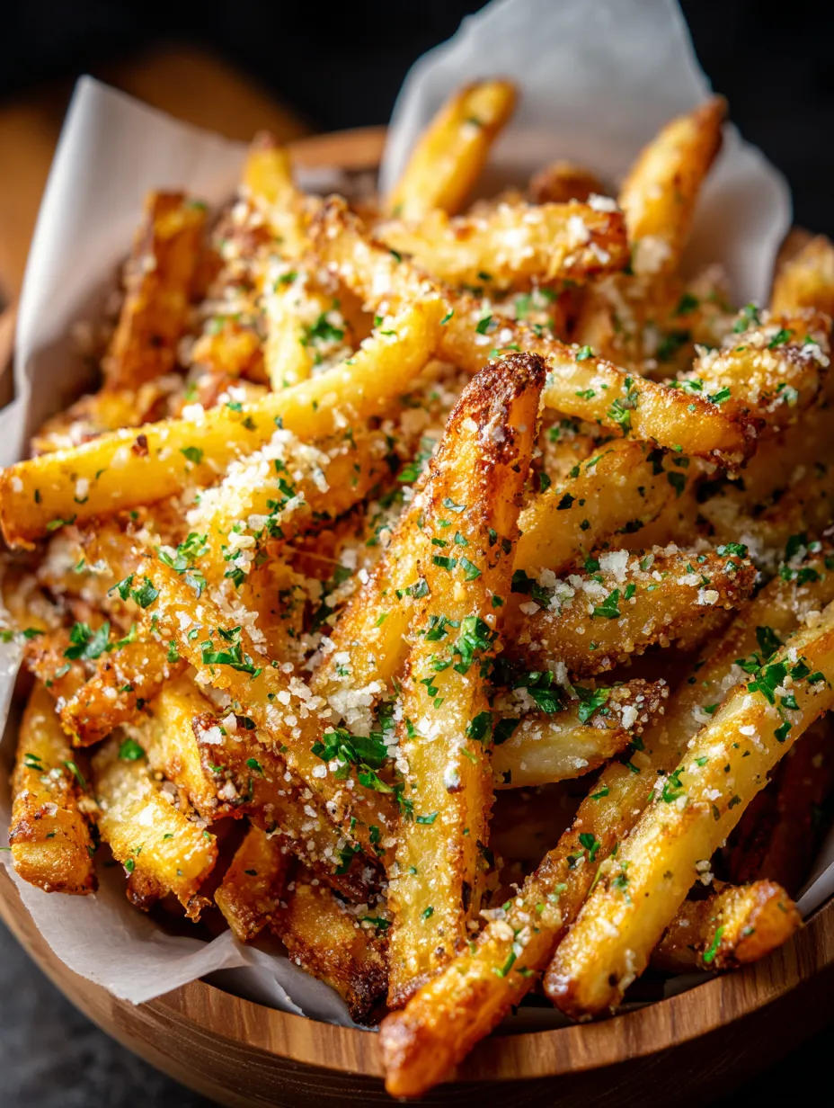 A bowl of french fries with parsley on top.
