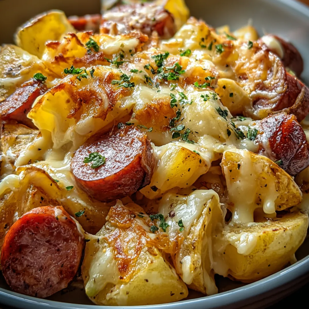 A bowl of food with a sausage and potatoes.