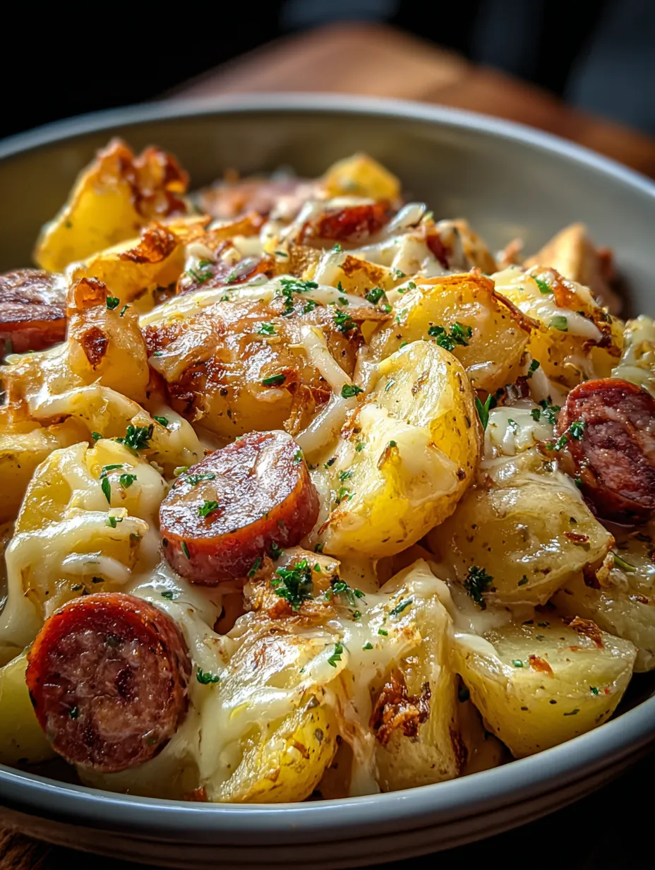 A bowl of food with sausage and potatoes.