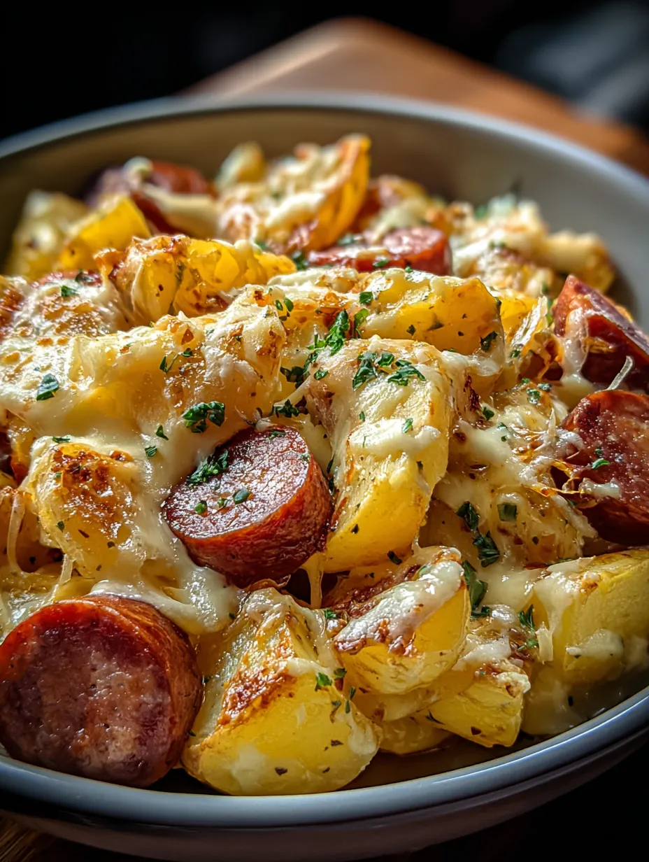 A bowl of food with sausage and potatoes.