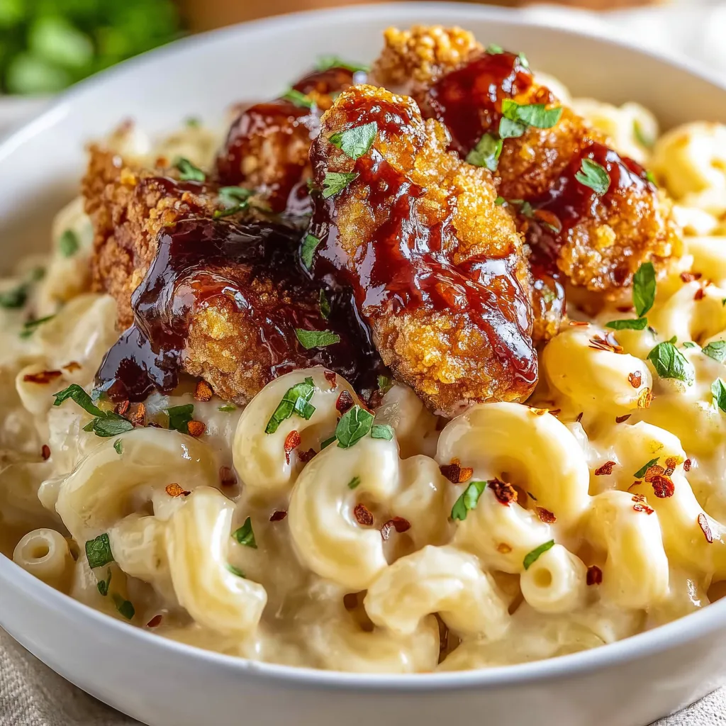 Chicken and macaroni piled on a plate.