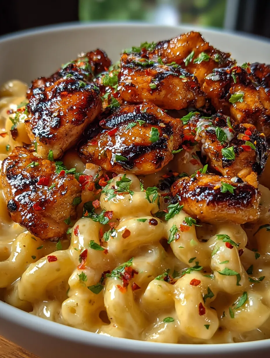 A plate of food with chicken and macaroni.