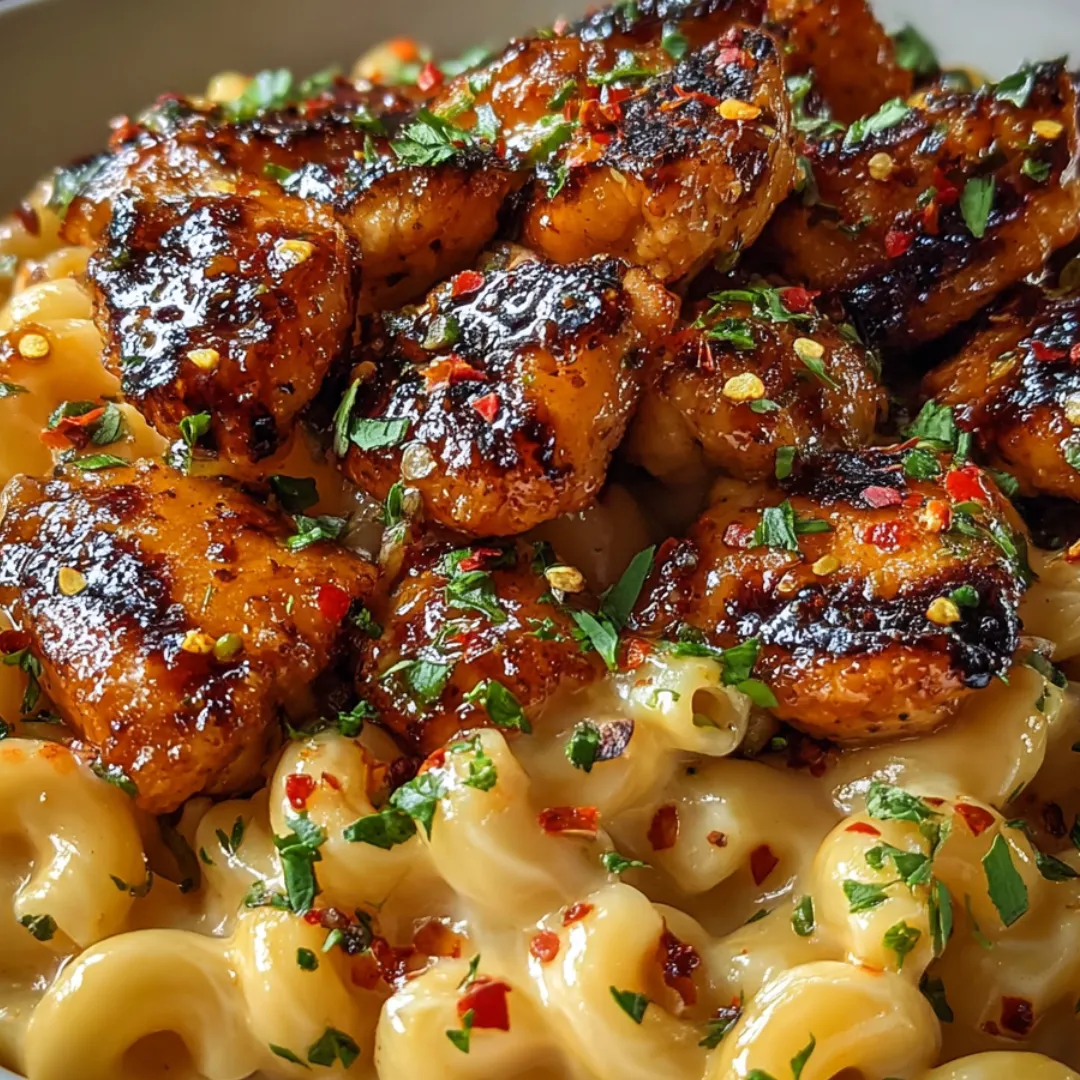 Chicken, creamy mac and cheese, and peppers served up on a plate.