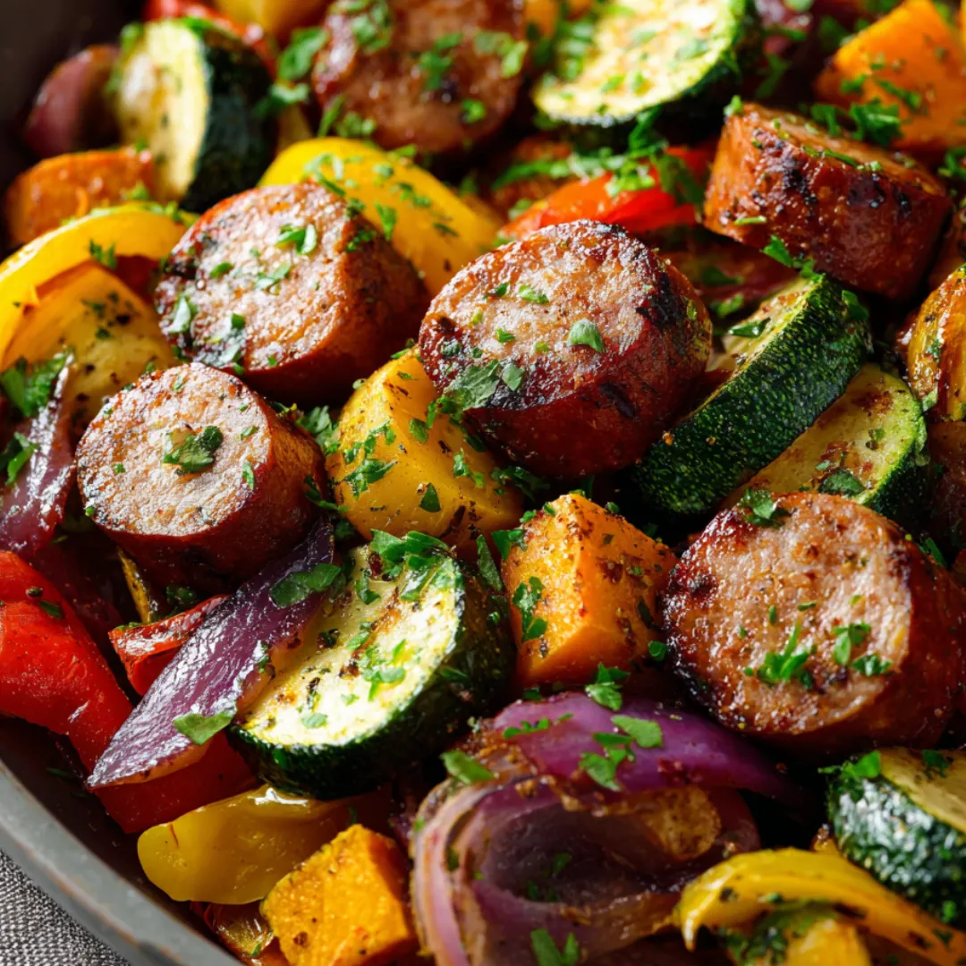 Zucchini, sausage, and peppers in a serving bowl.