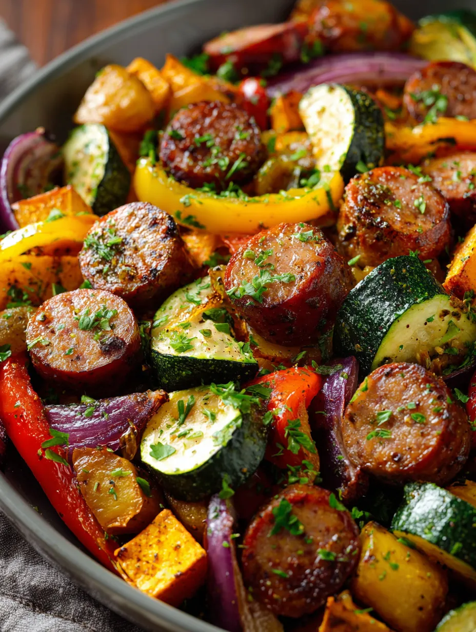 A bowl filled with sausage, peppers, and zucchini chunks.