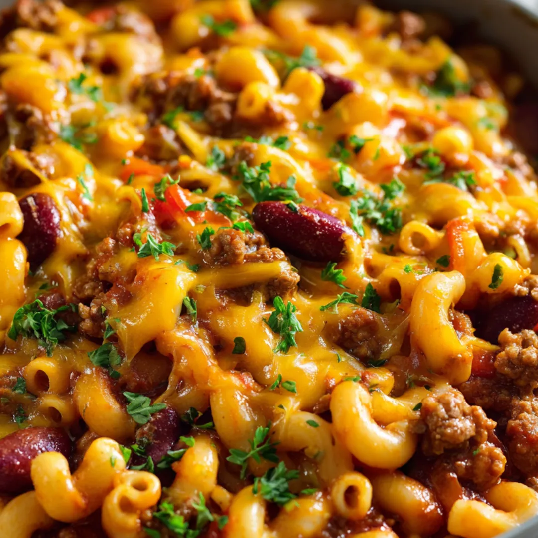 Macaroni with beef, veggies, and melted cheese in a bowl.