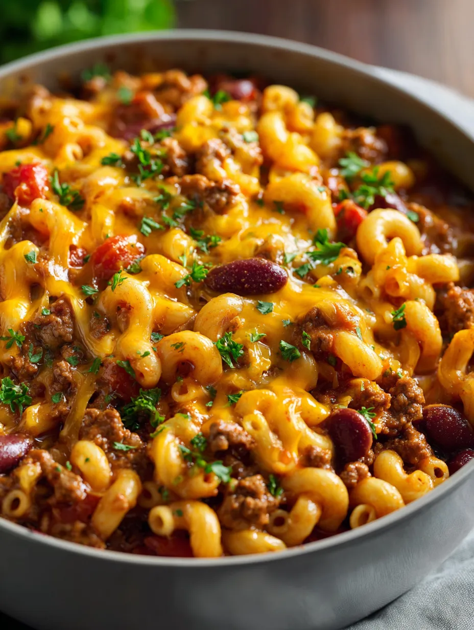 A bowl full of hearty chili, pasta, and beans.
