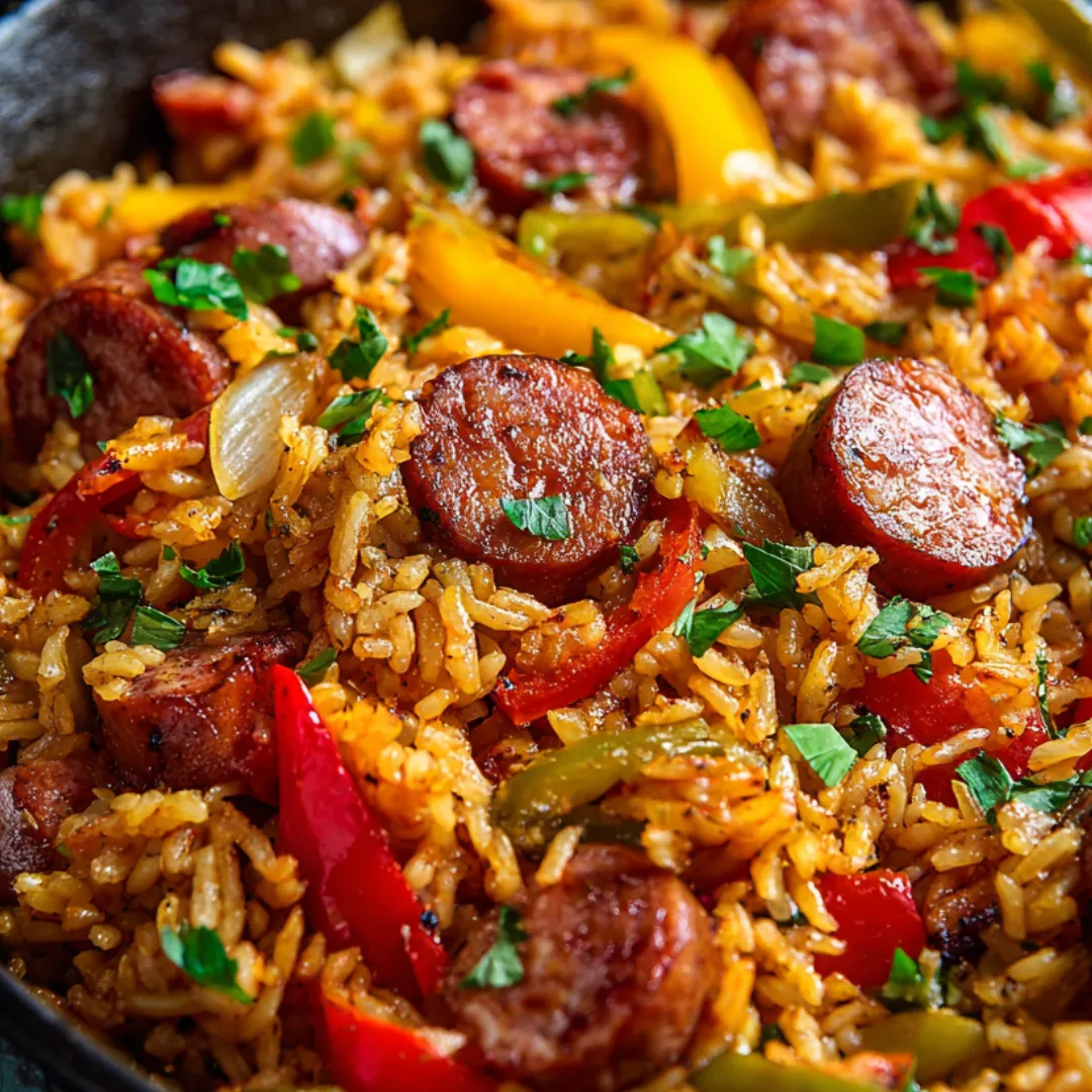 Bowl of rice loaded with sausage and sweet peppers.