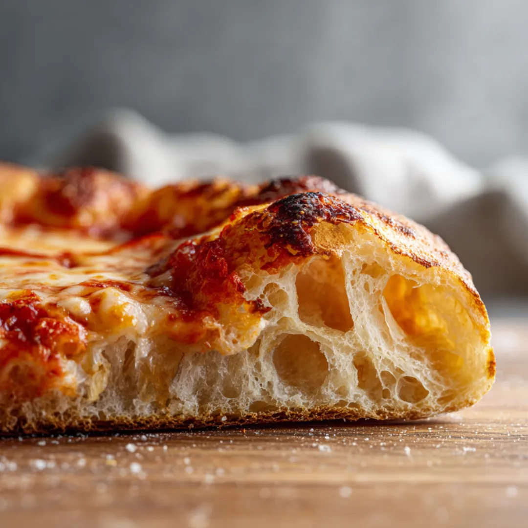 A slice of pizza sitting on a wooden table.