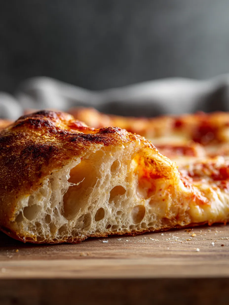 A piece of pizza on a wood surface.