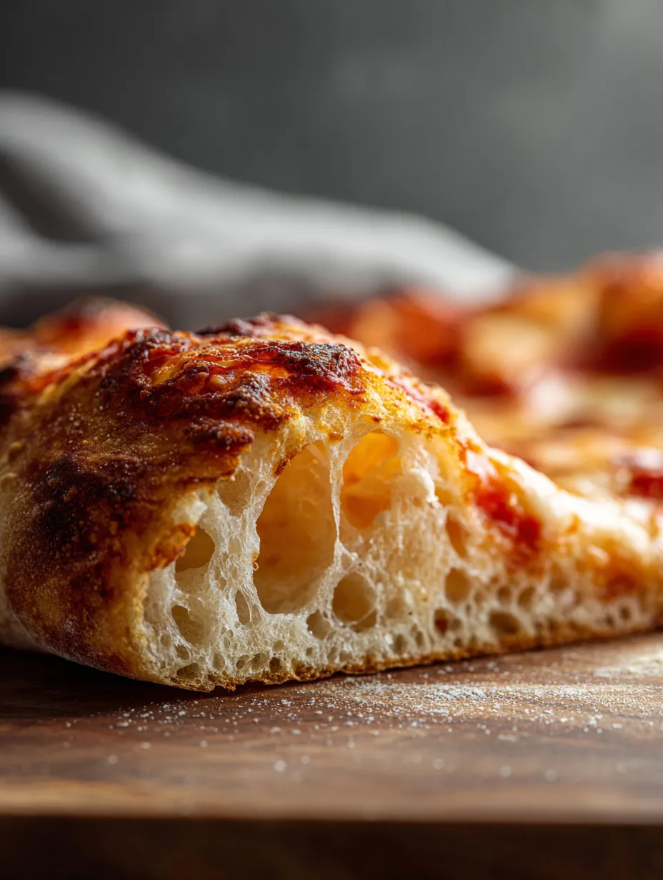 Pizza slice with one bite missing resting on a table.