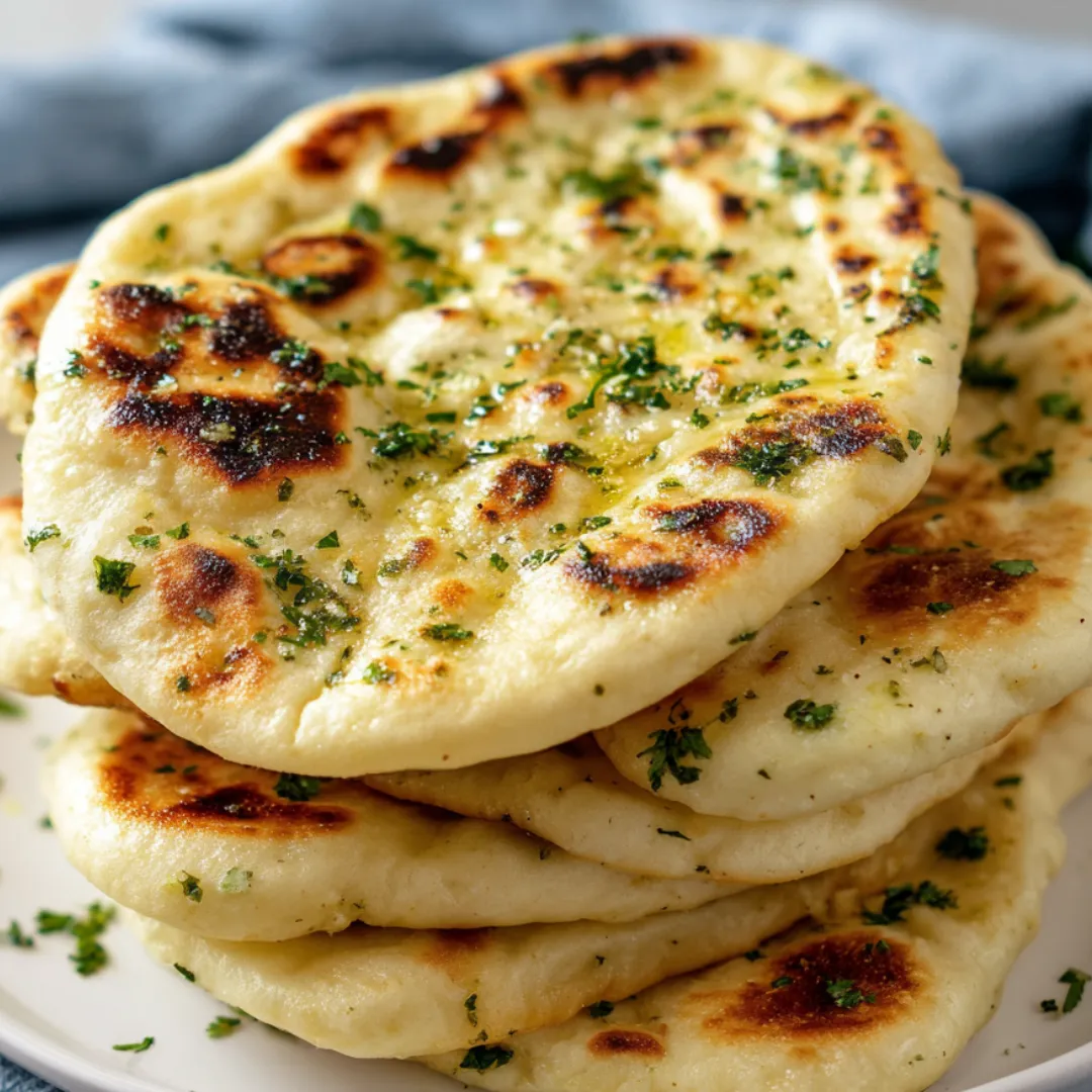 Pile of pita rounds covered in herbs.