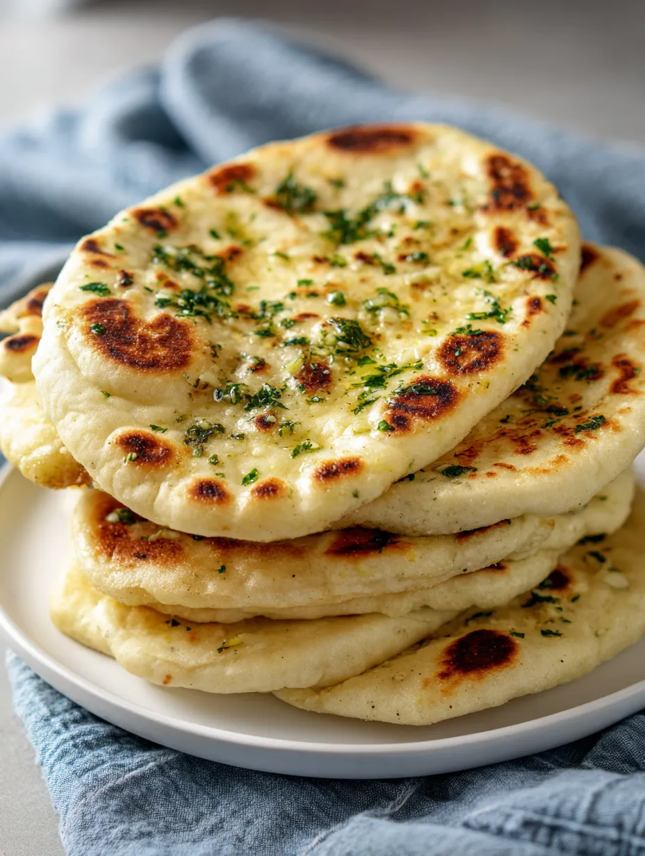 A tall pile of pita bread sprinkled with chopped herbs.