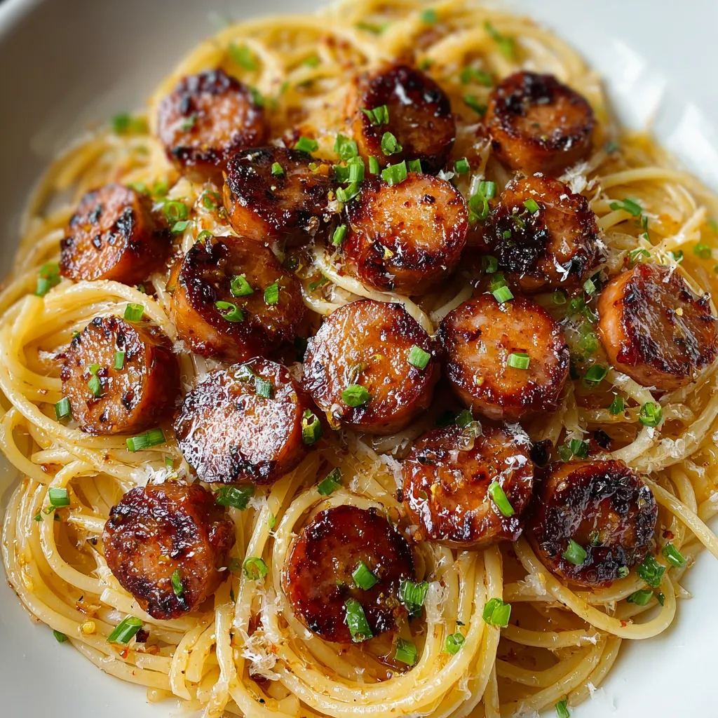 A big plate holding noodles, sausage slices, and fresh green onion sprinkled on top.