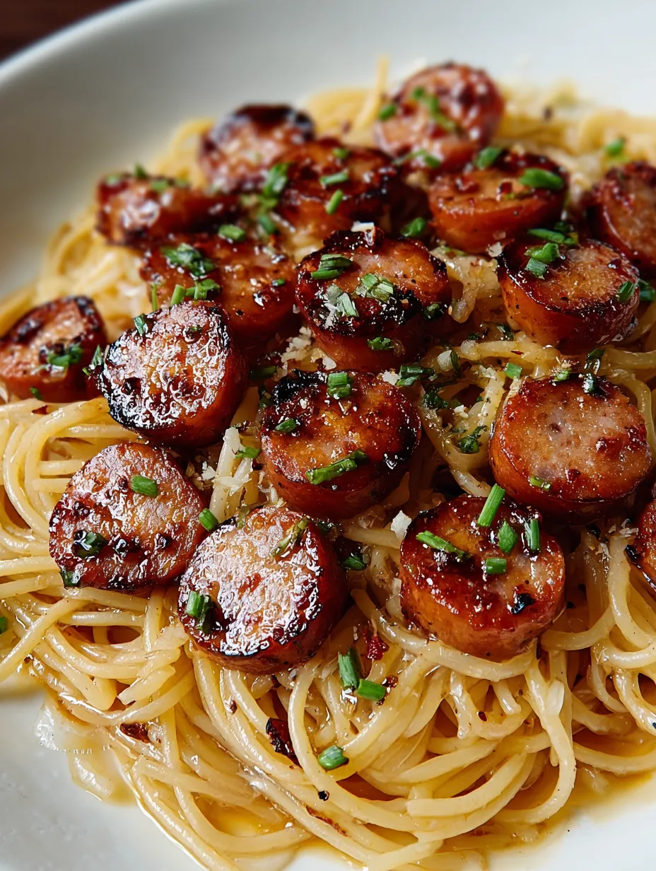 A plate of spaghetti with sausage and green peppers.