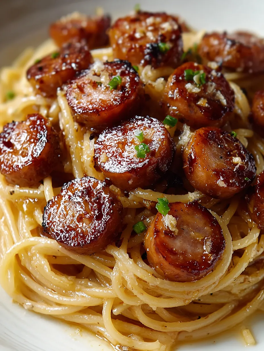 A plate of spaghetti with sausage and green onions.