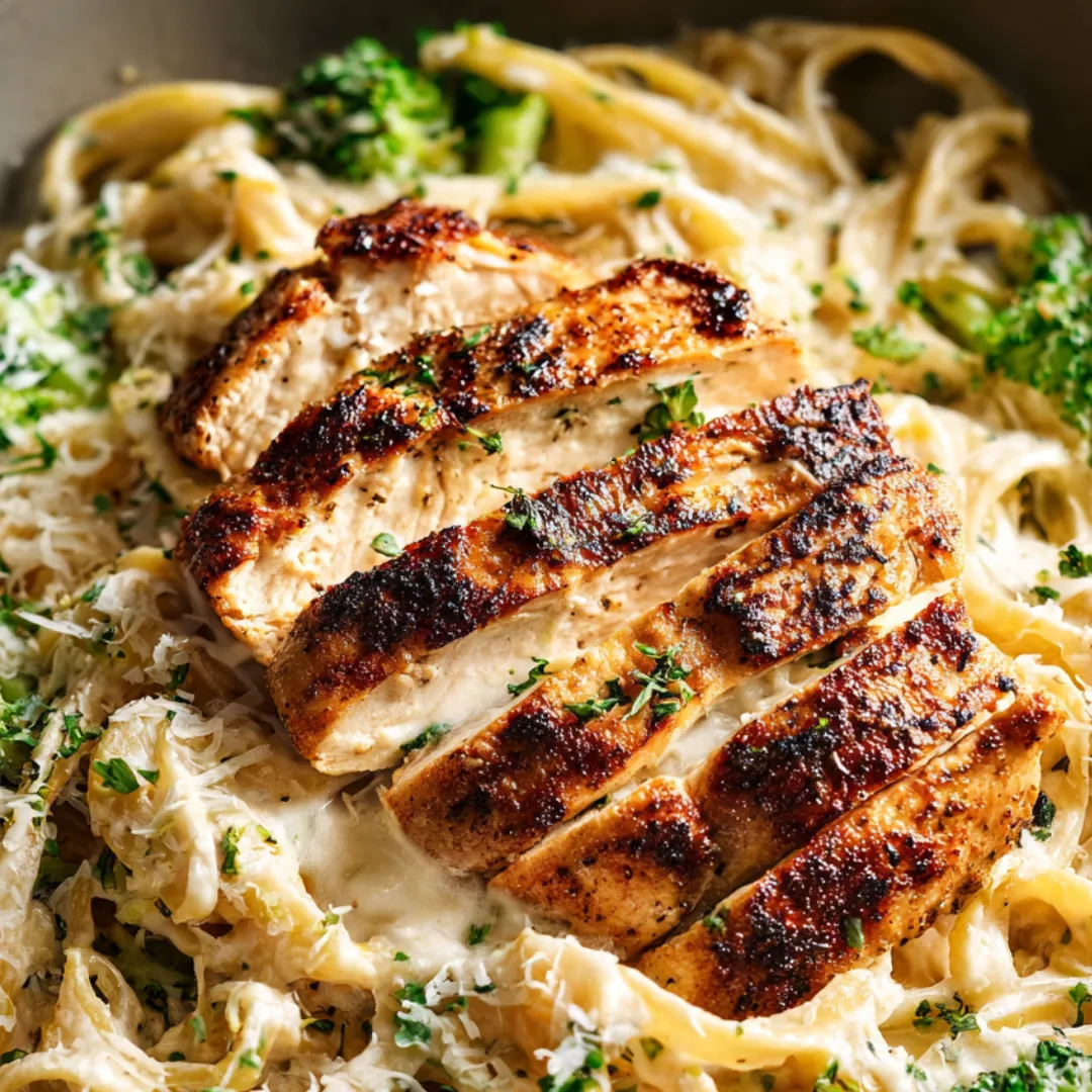 A plate of pasta with chicken and broccoli.