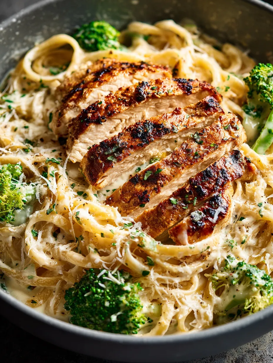 A bowl of pasta with chicken and broccoli.
