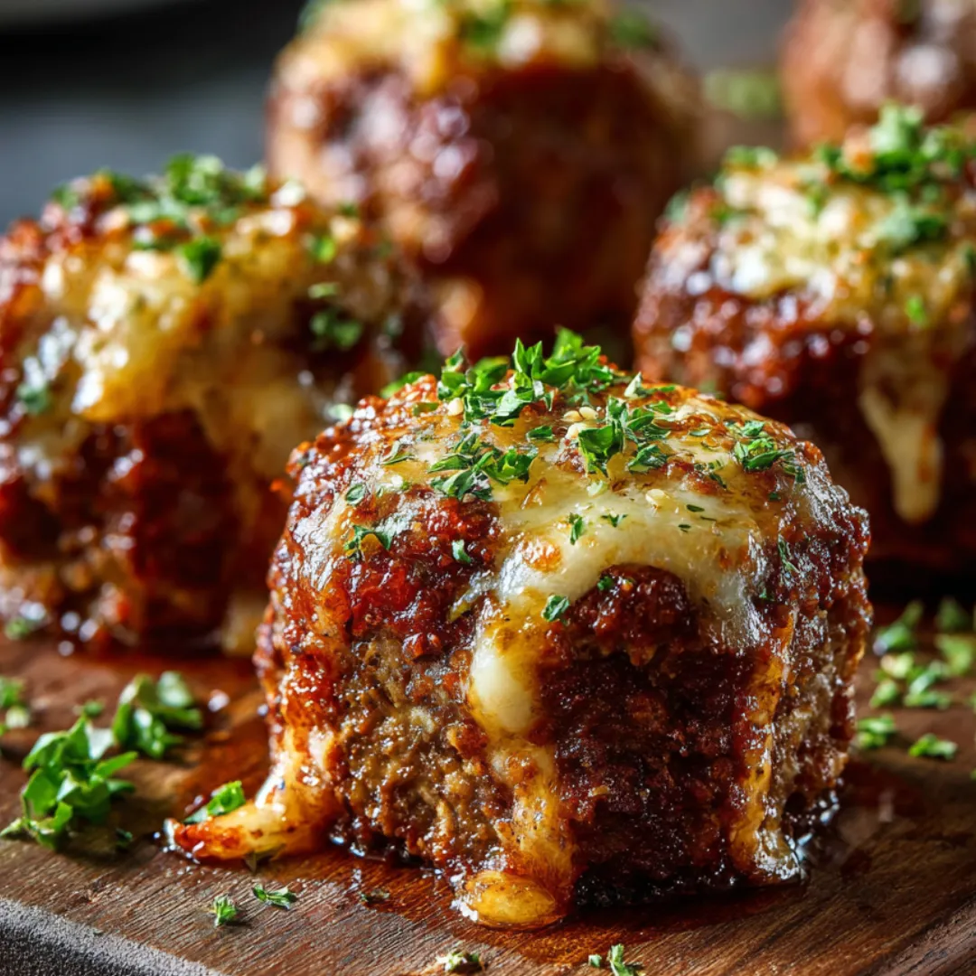 Meatballs with cheese and parsley on a wooden cutting board.