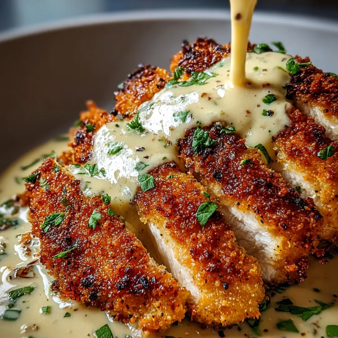 A piece of chicken with sauce on it.