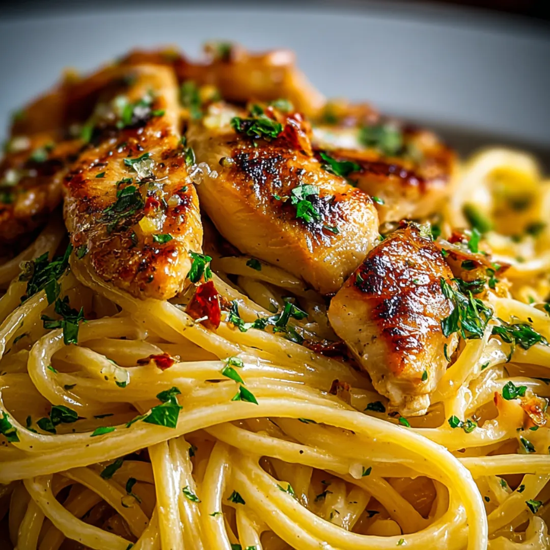 A plate of chicken and pasta.