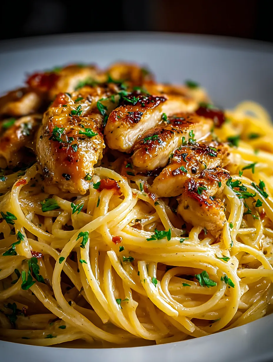A plate of pasta with chicken and herbs.