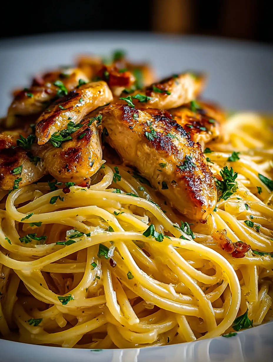 A plate of chicken and pasta.