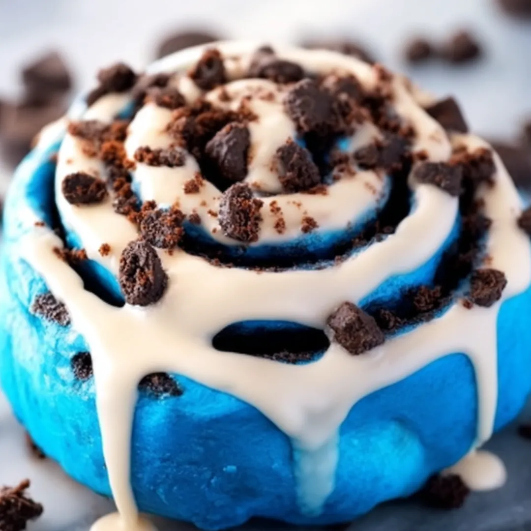 A blue frosted cake with white icing and chocolate chips.