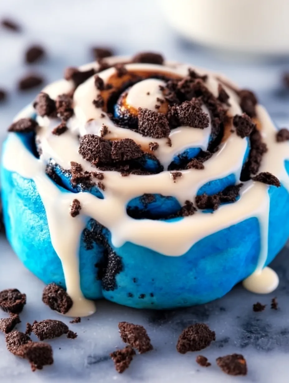 A blue frosted cake with chocolate chips.