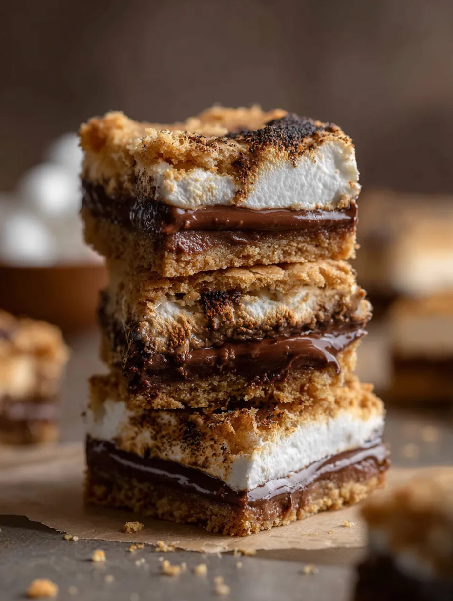 A stack of three desserts with chocolate drizzled on top.