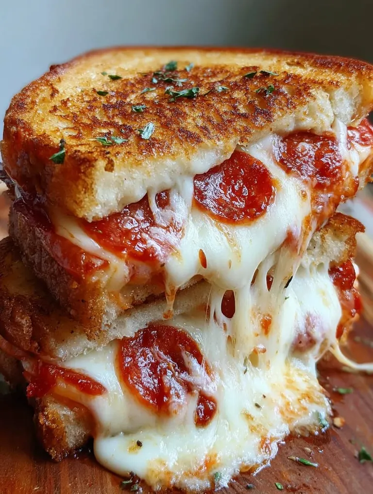 Grilled cheese sandwiches with crispy pepperoni stacked on top.