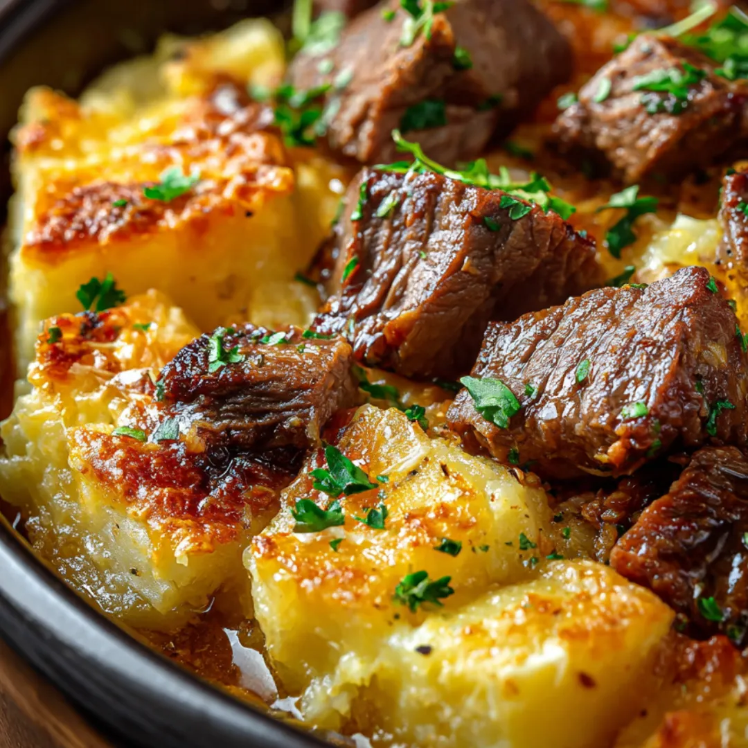 A bowl of meat and potatoes.