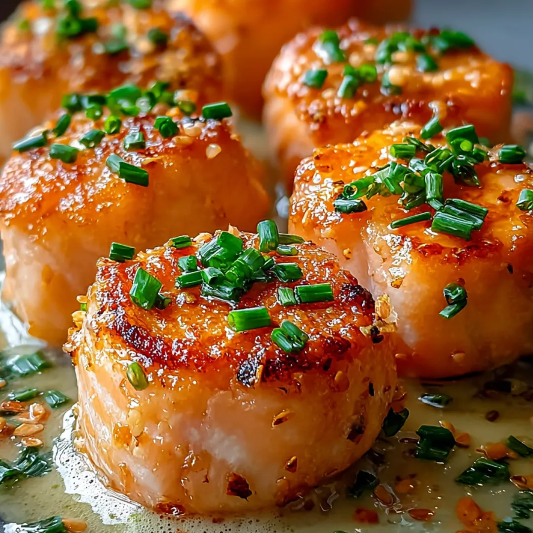 Scallops with green herbs on a plate.