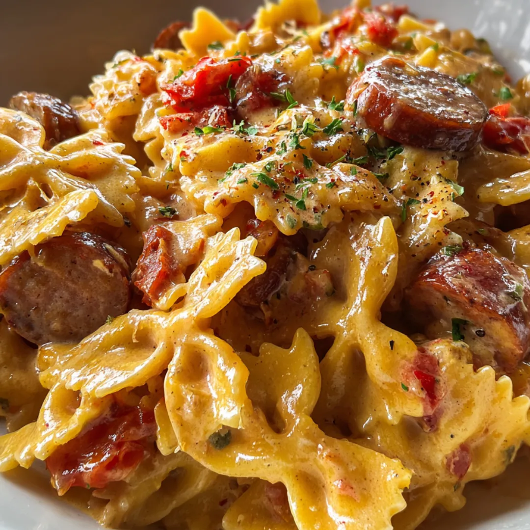 A plate of pasta with sausage and tomatoes.