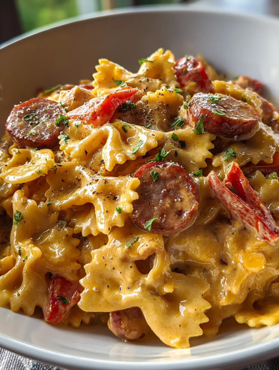 A bowl of pasta with sausage and tomatoes.