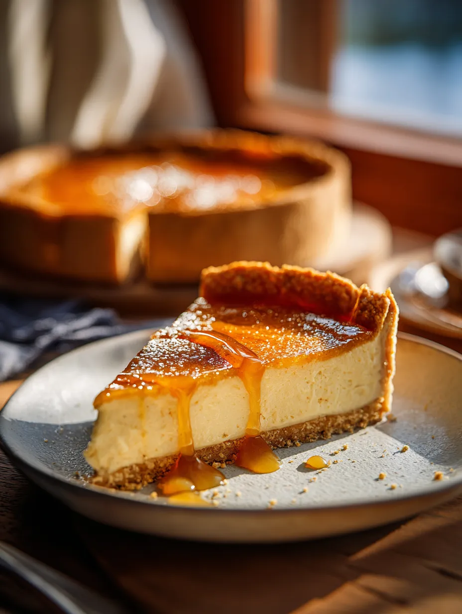 A slice of cheesecake on a plate.