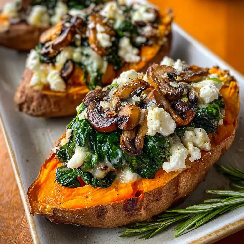 Roasted sweet potato halves topped with mushrooms and feta cheese.