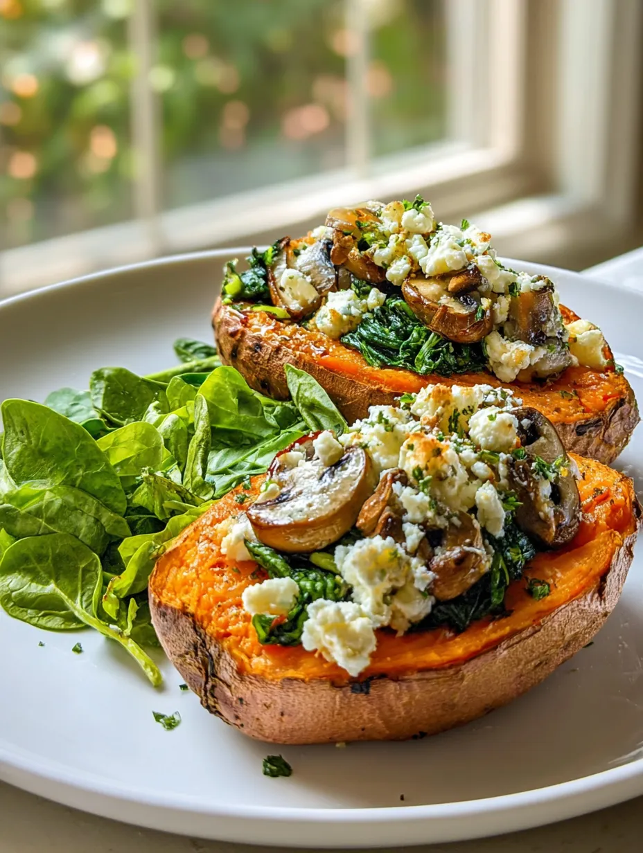 Two potato halves with mushrooms on a plate.