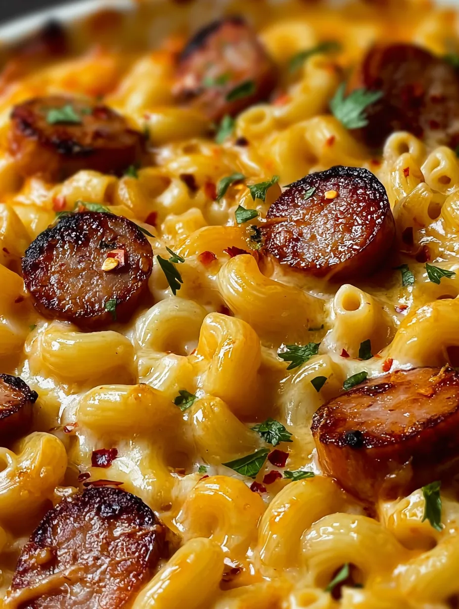 A plate of macaroni and cheese with sausage.