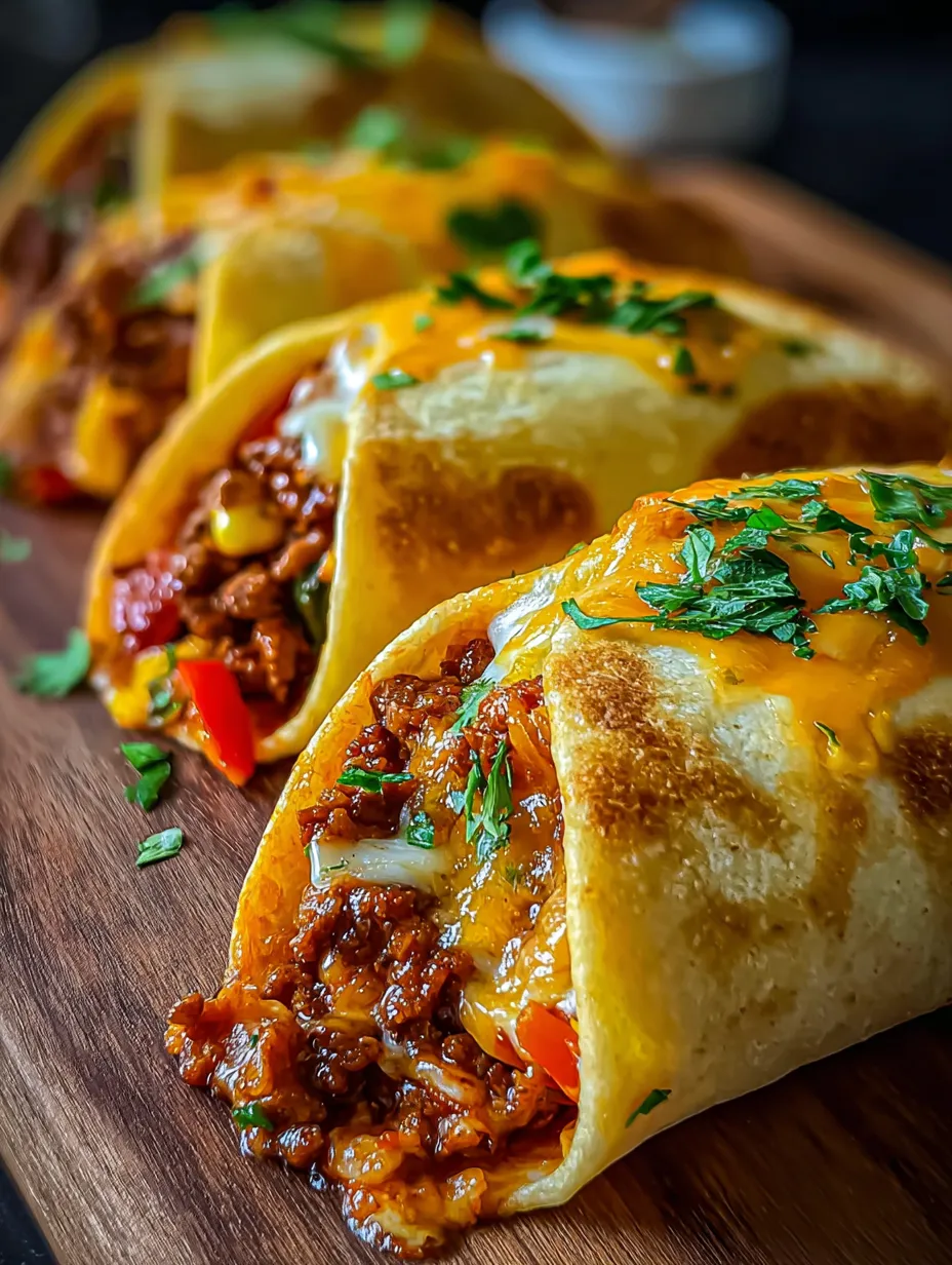 Three tacos on a wood surface.