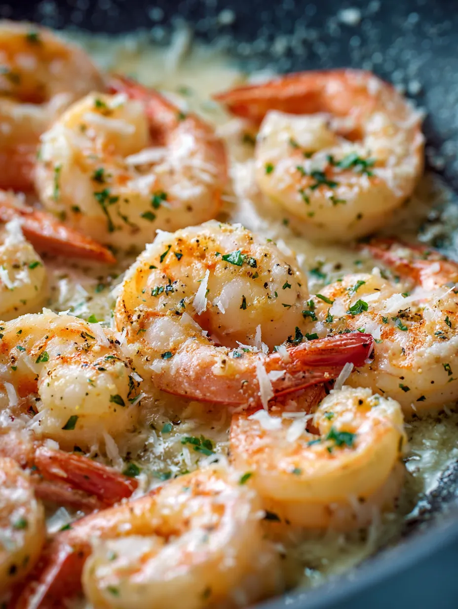 Shrimp with cheese and fresh herbs on a plate.