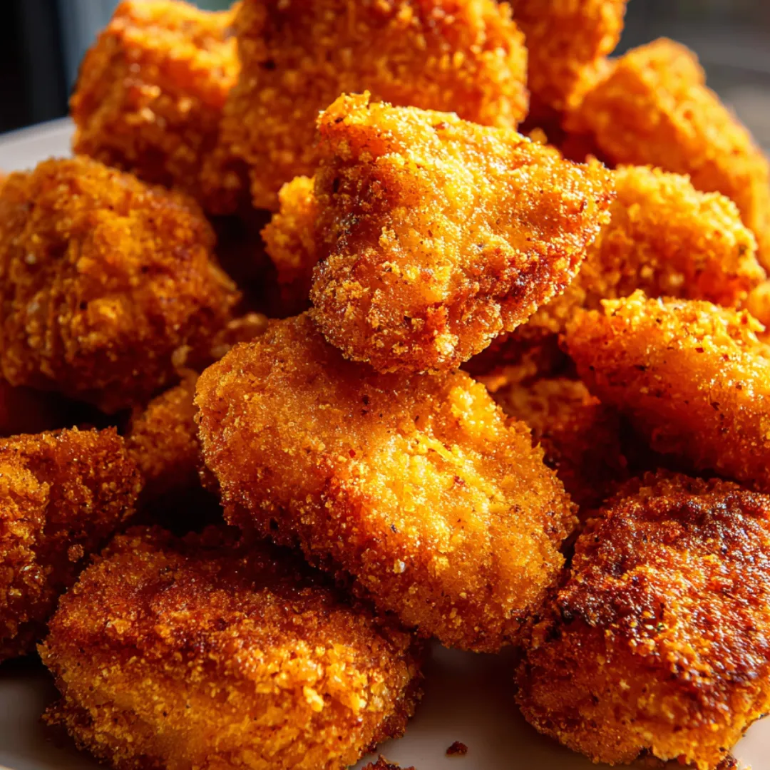 A plate filled with crispy chicken nuggets.