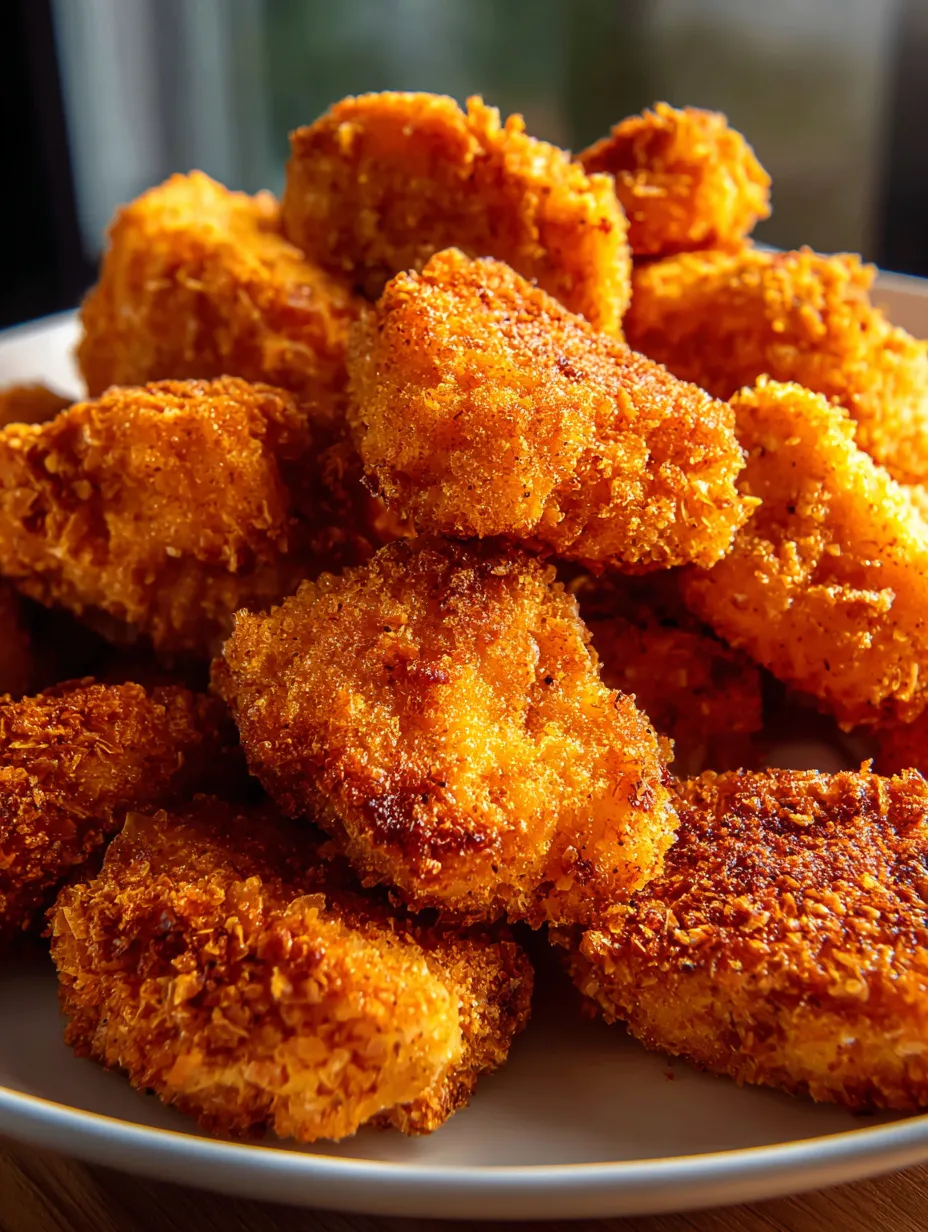 Crispy chicken nuggets piled on a white plate.